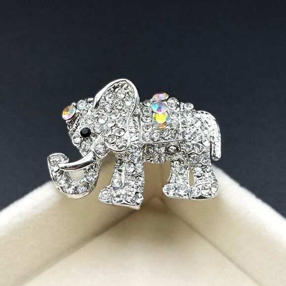 Silver with White Diamond AB and Black Onyx Crystal Elephant Pin Back Brooch - Picture 2 of 7